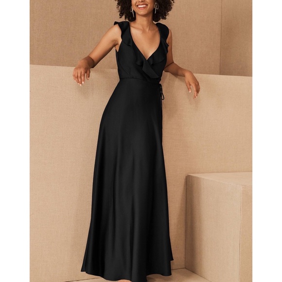 BHLDN Anthropologie Tansy Satin Charmeuse 14 Black Ruffled Tie Closure Maxi Gown - Picture 7 of 8